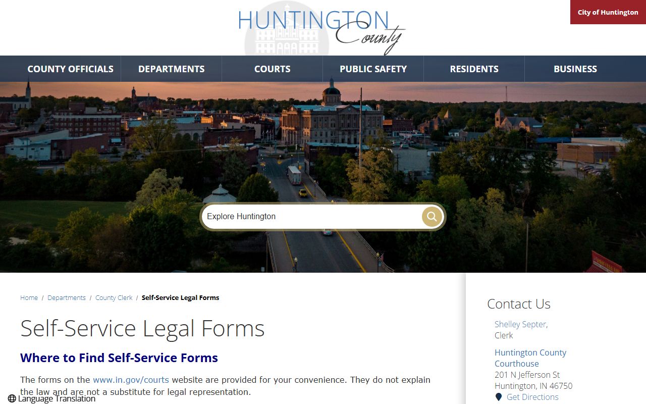 Huntington County Clerk self-service legal forms page with filing location and payment caveats