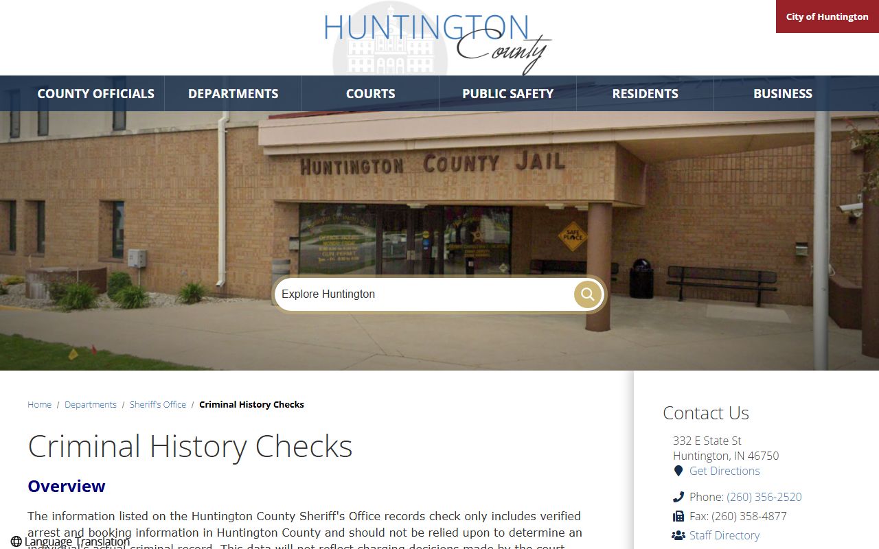 Huntington County criminal court records sheriff criminal history checks
