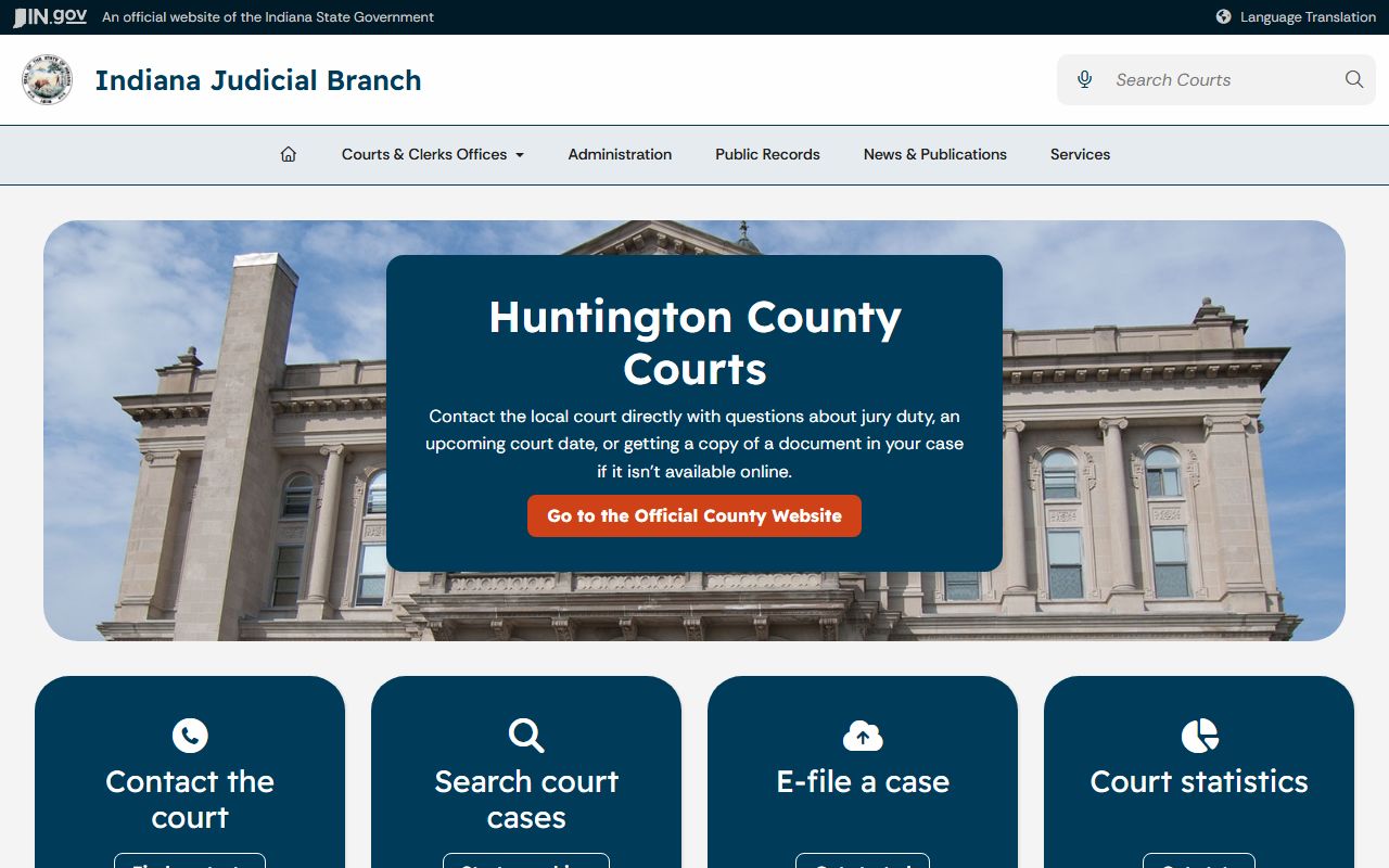 Indiana Judicial Branch Huntington County court page with MyCase and local court links
