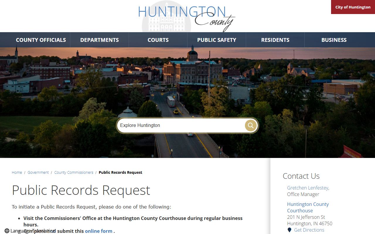 Huntington County court records public records request page