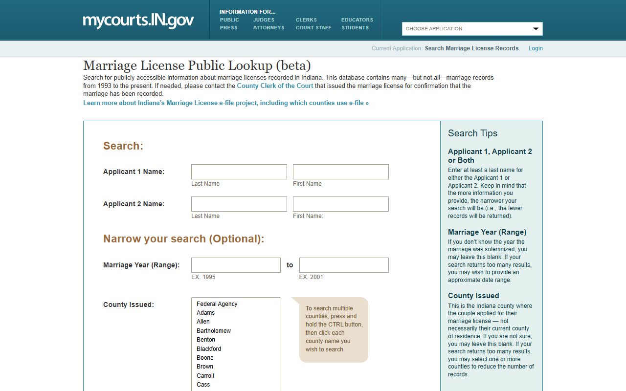 Indiana public marriage license lookup fields for applicant names, year range, and county issued