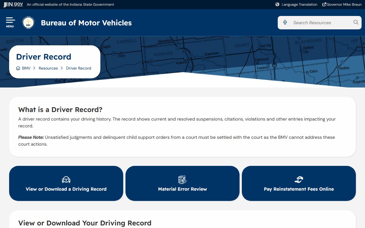 Huntington County traffic court records Indiana BMV driver record page