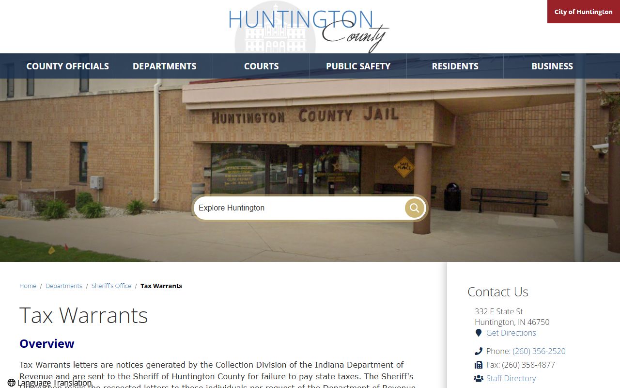 Huntington County warrant records tax warrant source page