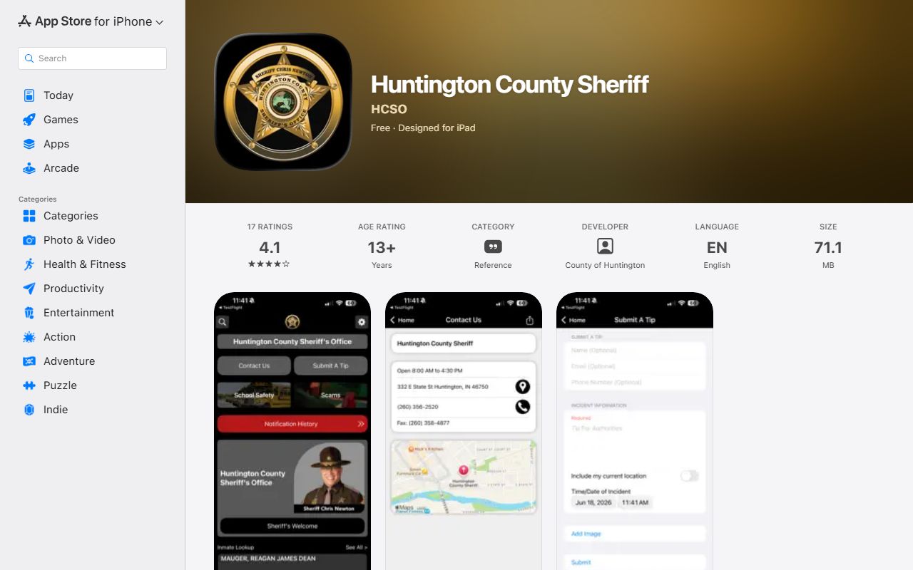 Huntington County warrant records sheriff app Apple listing